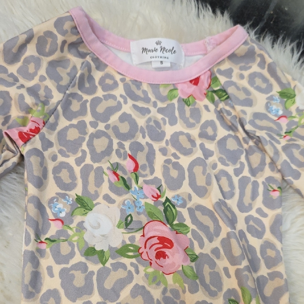 Marie Nicole Floral Leopard Baby Gown with Pink Ruffles - Picture 2 of 5
